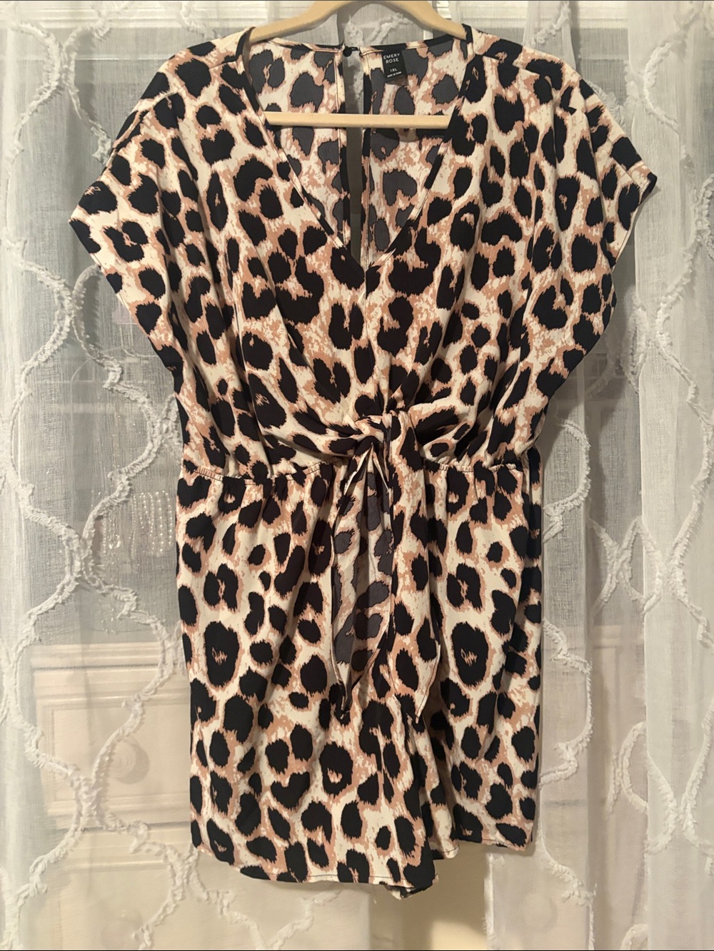 SHEIN Beige Black Leopard Print Tie-Front Romper